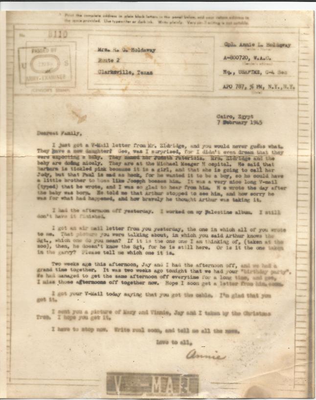 Annie's typed V Mail Feb 1945 Referencing Johns loss